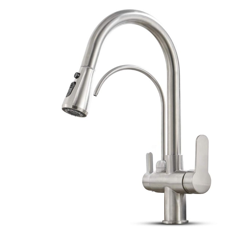 MENATT Filter Kitchen Faucet with Drinking Water Faucet, High Arc Pull Down 3-Way Kitchen Faucet, 3 in 1 Sink Cold and Hot Mixer Tap (Brushed Nickel) - Image 1